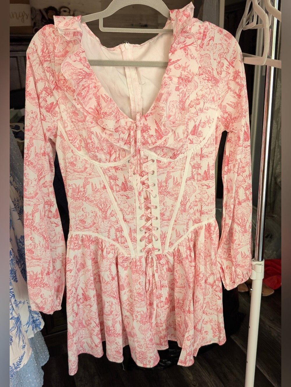 SHEIN Pink Toile Lace-Up Corset Long Sleeve Mini Dress